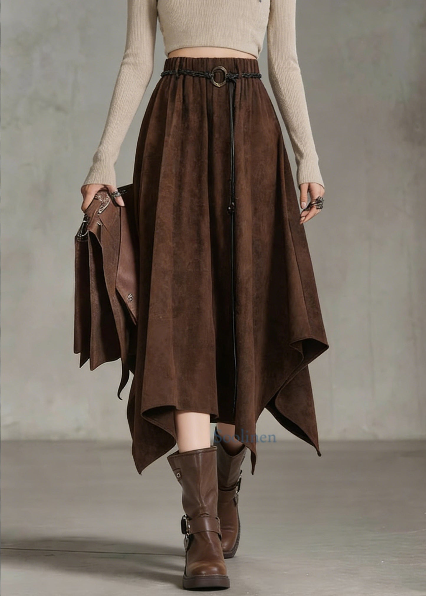 Bohemian Coffee Elastic Waist Sashe Faux Suede A Line Skirts