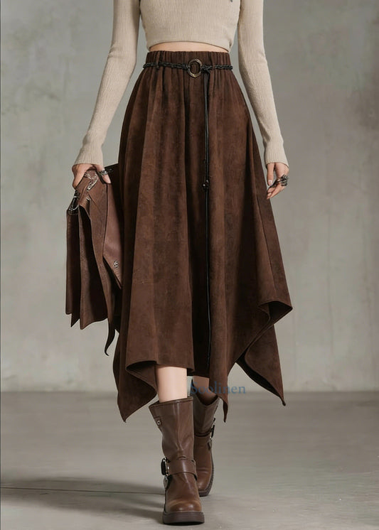 Bohemian Coffee Elastic Waist Sashe Faux Suede A Line Skirts