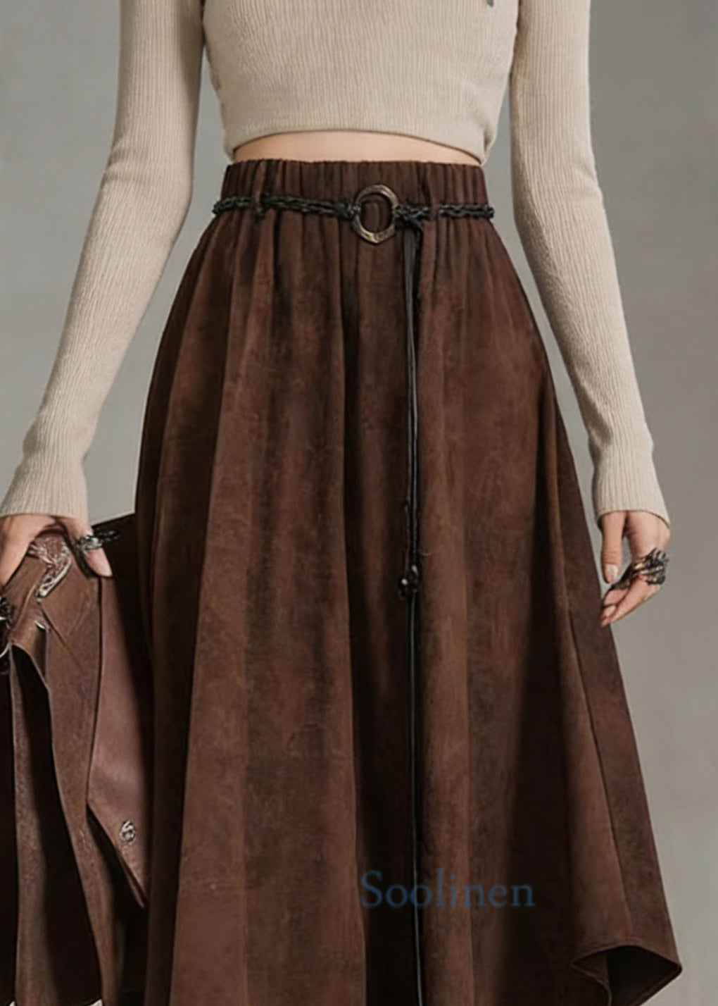 Bohemian Coffee Elastic Waist Sashe Faux Suede A Line Skirts