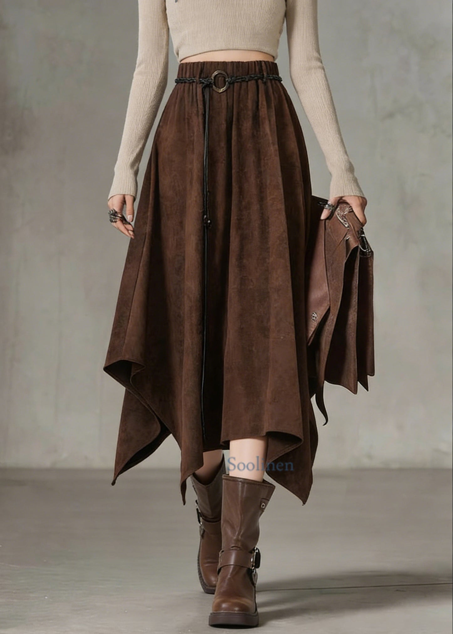 Bohemian Coffee Elastic Waist Sashe Faux Suede A Line Skirts