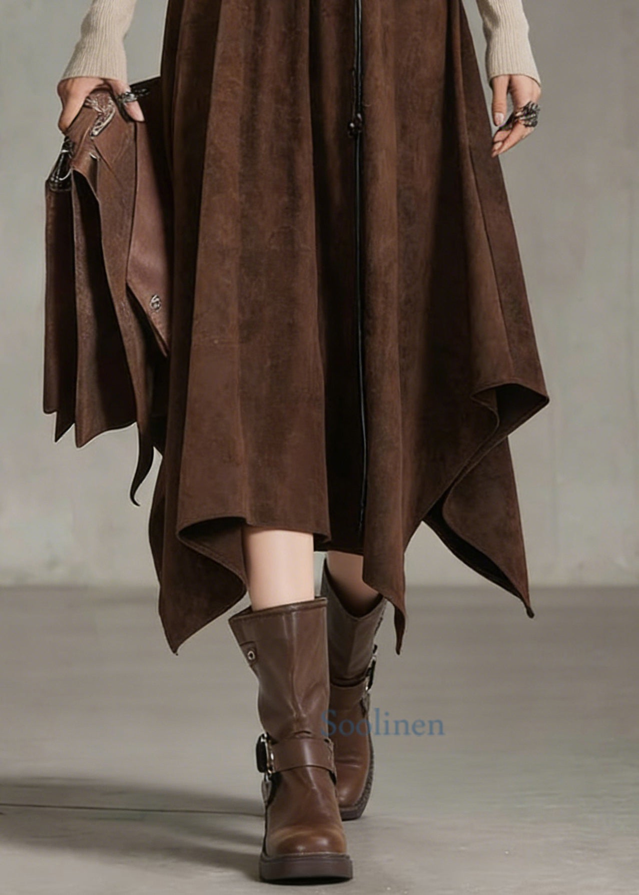 Bohemian Coffee Elastic Waist Sashe Faux Suede A Line Skirts