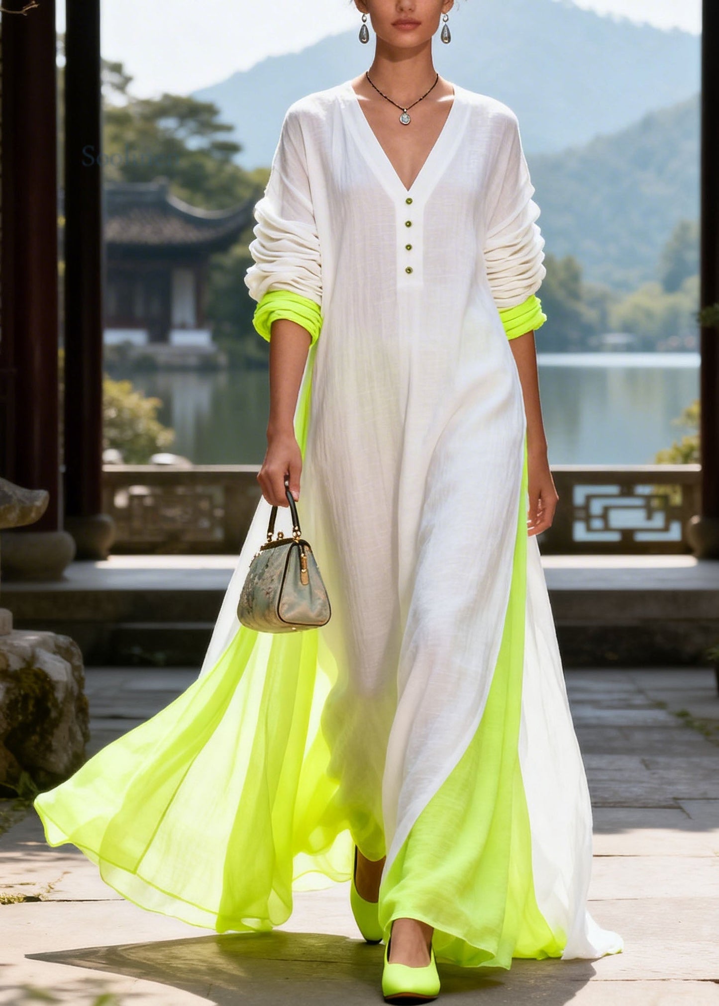Bohemian Colorblock V Neck Patchwork Cotton Long Dress Summer