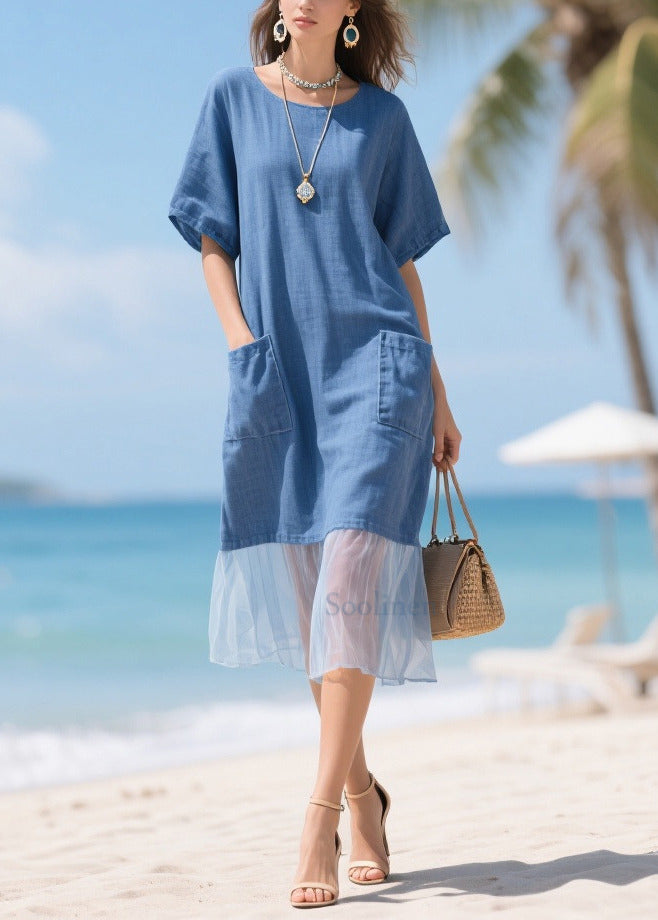 Bohemian Denim Blue Pockets Patchwork Tulle Cotton Long Dress Summer