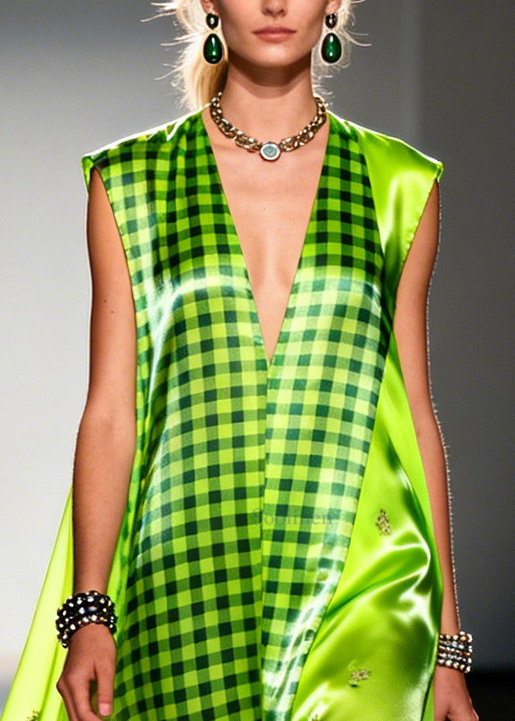 Bohemian Fluorescent Green Plaid Patchwork Silk Ankle Dress Sleeveless