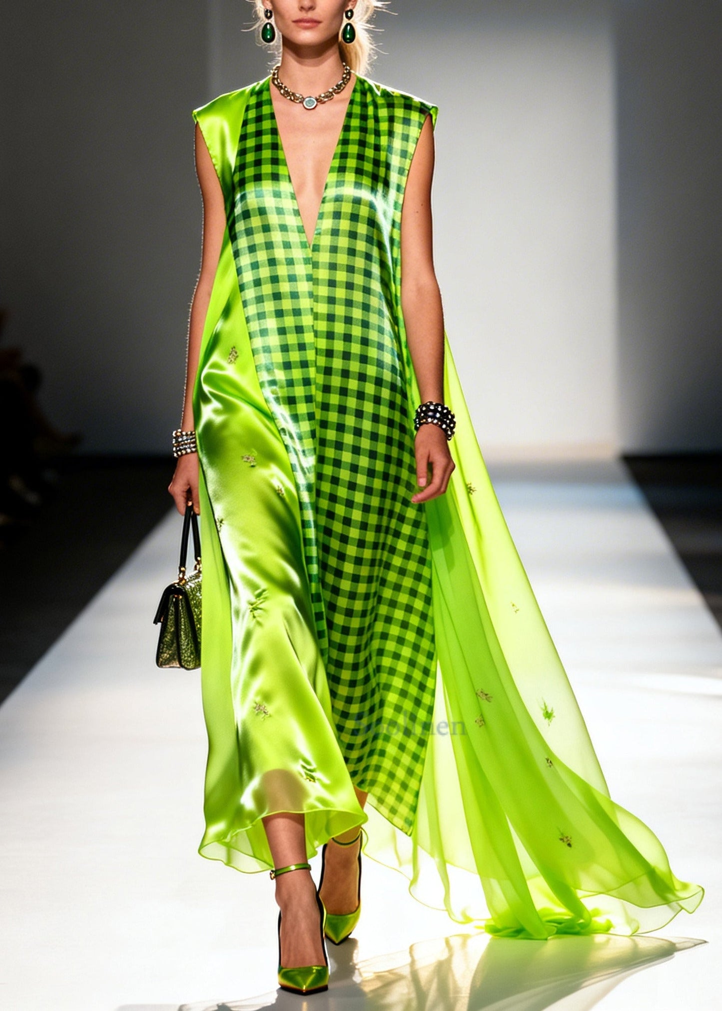 Bohemian Fluorescent Green Plaid Patchwork Silk Ankle Dress Sleeveless
