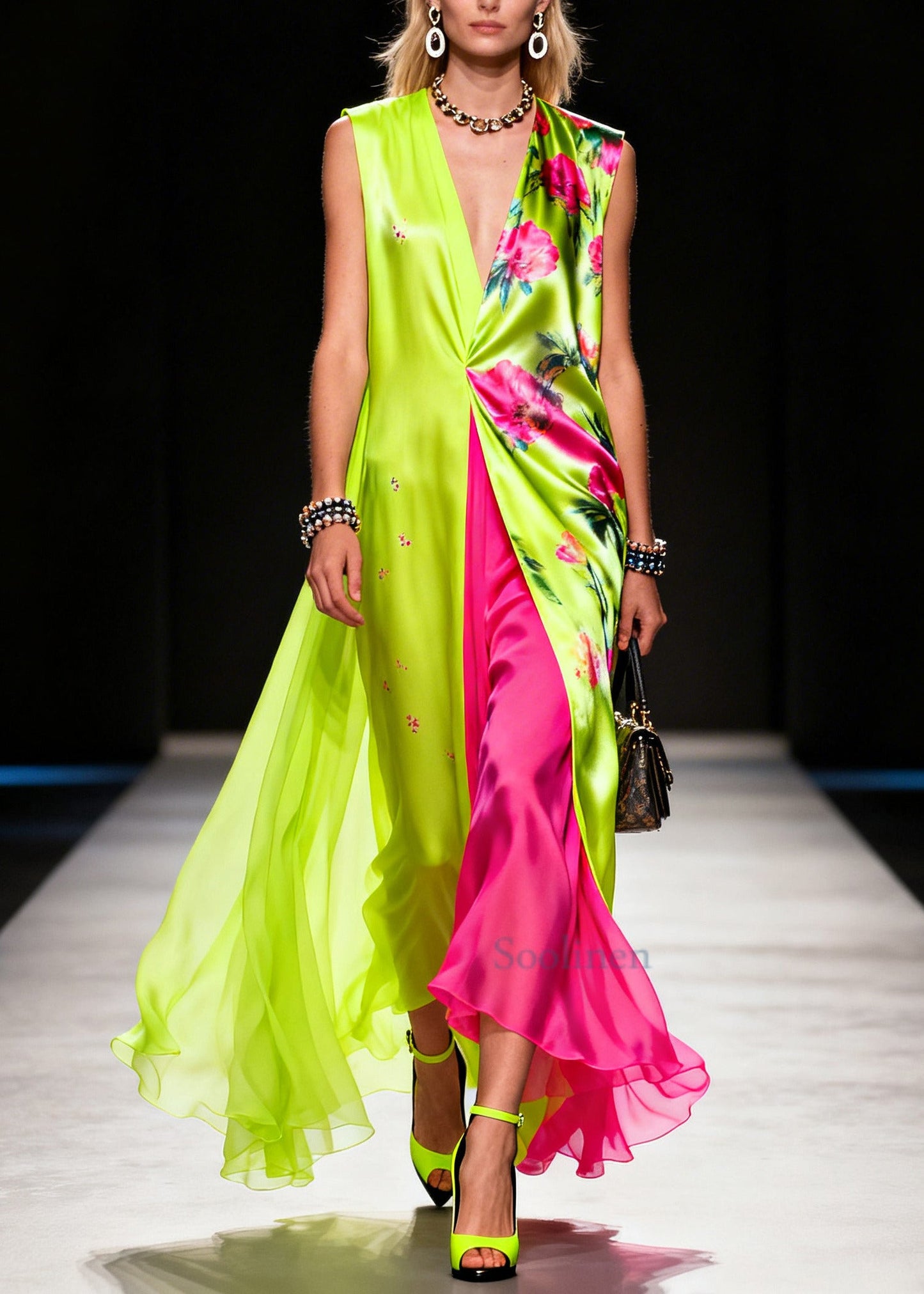 Bohemian Fluorescent Green Print Patchwork Chiffon Vacation Dresses Sleeveless
