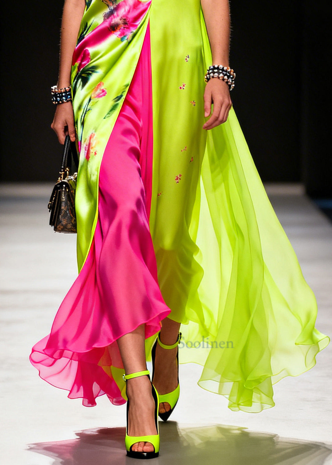 Bohemian Fluorescent Green Print Patchwork Chiffon Vacation Dresses Sleeveless