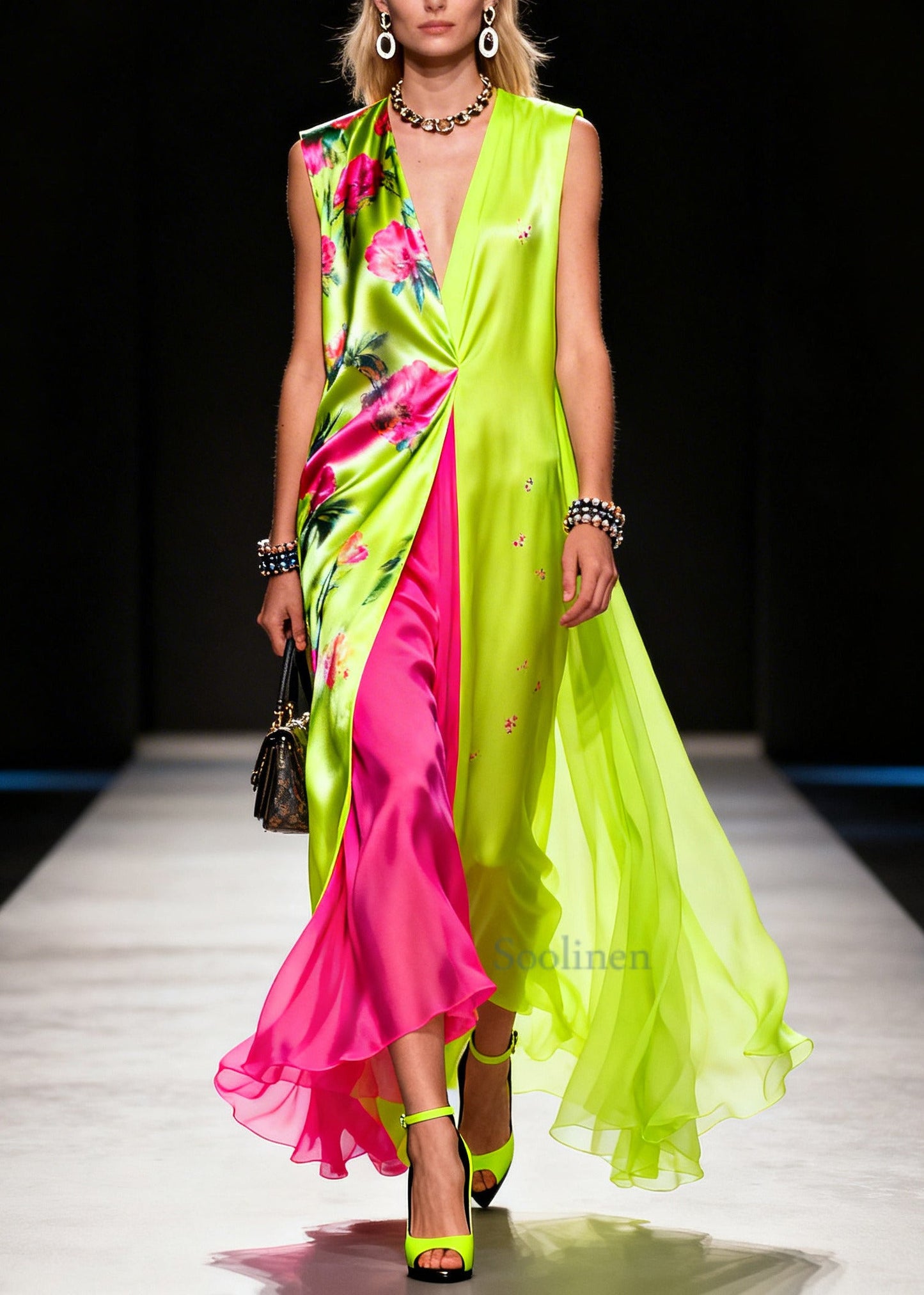 Bohemian Fluorescent Green Print Patchwork Chiffon Vacation Dresses Sleeveless