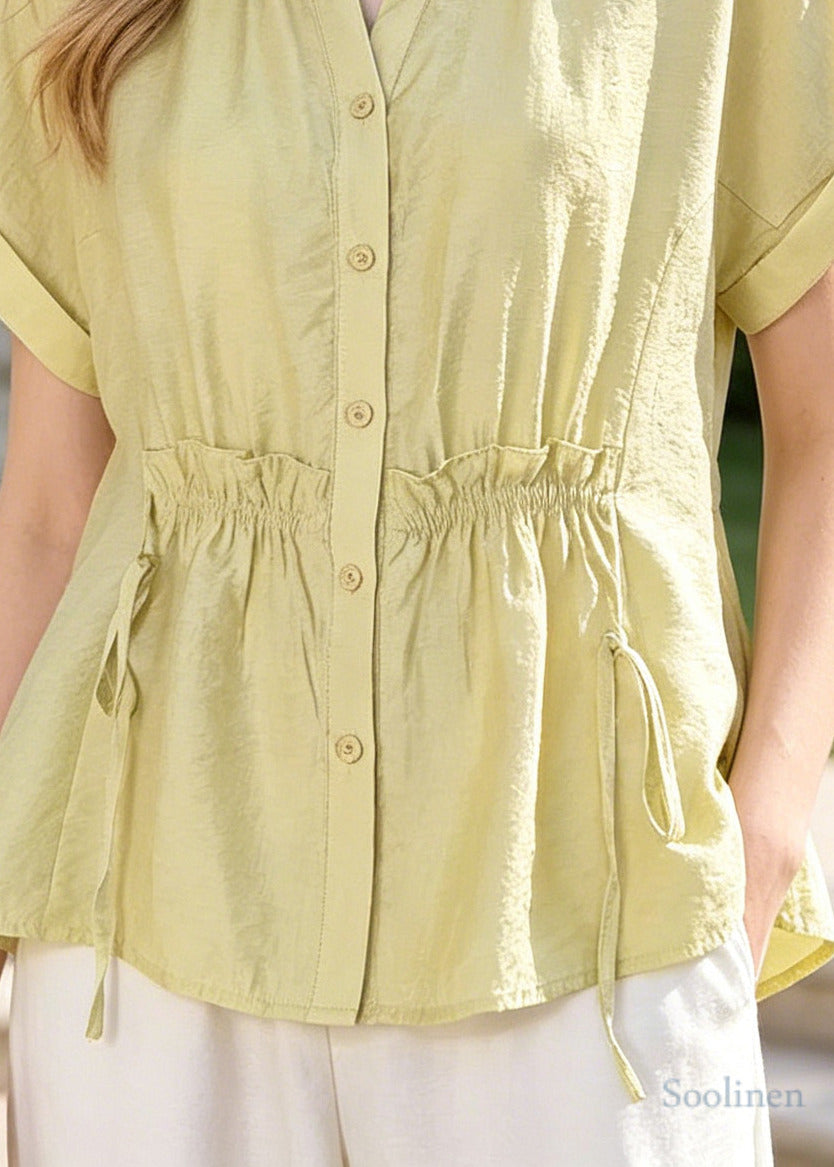 Bohemian Fruit Green Ruffled Wrinkled Cotton Shirts Summer