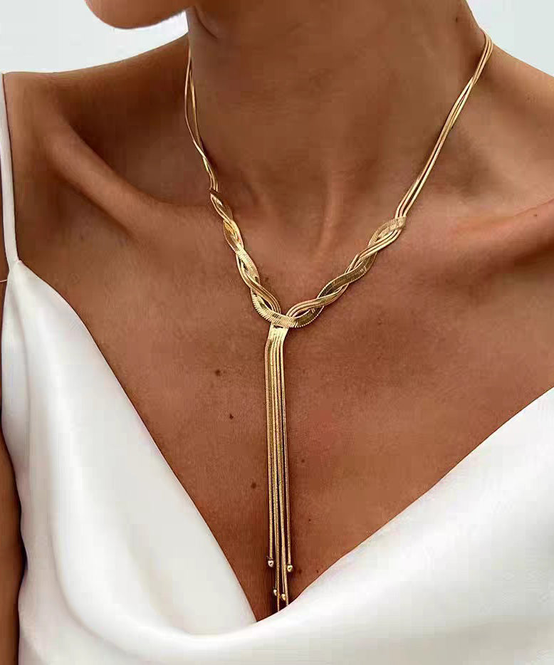Bohemian Gold Stainless Steel Alloy Snake Bone Lariat Necklace