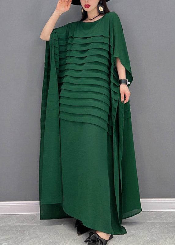 Grace Print4 O-Neck Striped Chiffon Ankle Dress Batwing Sleeve