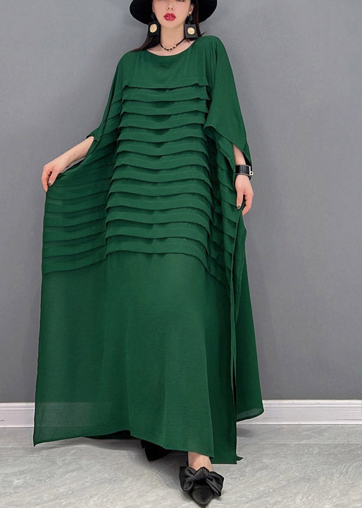 Grace Print2 O-Neck Striped Chiffon Ankle Dress Batwing Sleeve