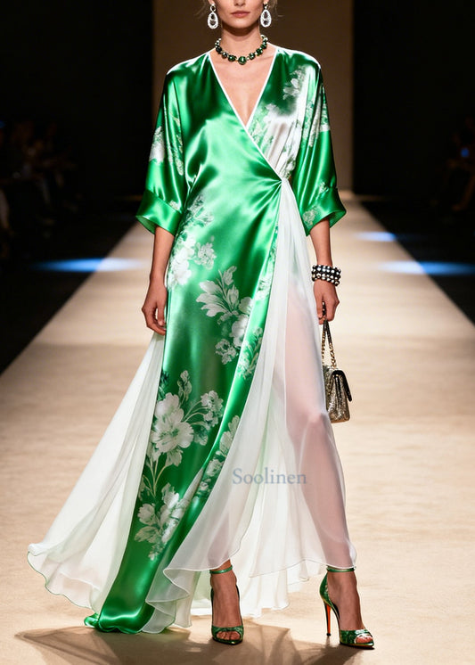 Bohemian Green Patchwork Exra Large Hem Silk Vacation Dresses Summer