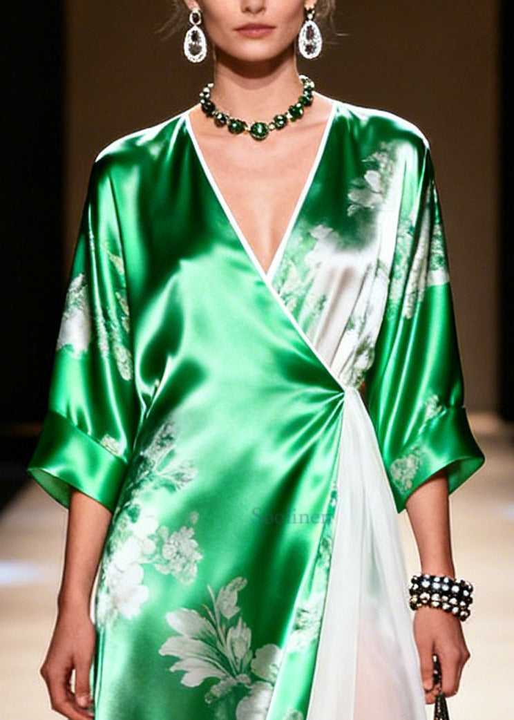 Bohemian Green Patchwork Exra Large Hem Silk Vacation Dresses Summer