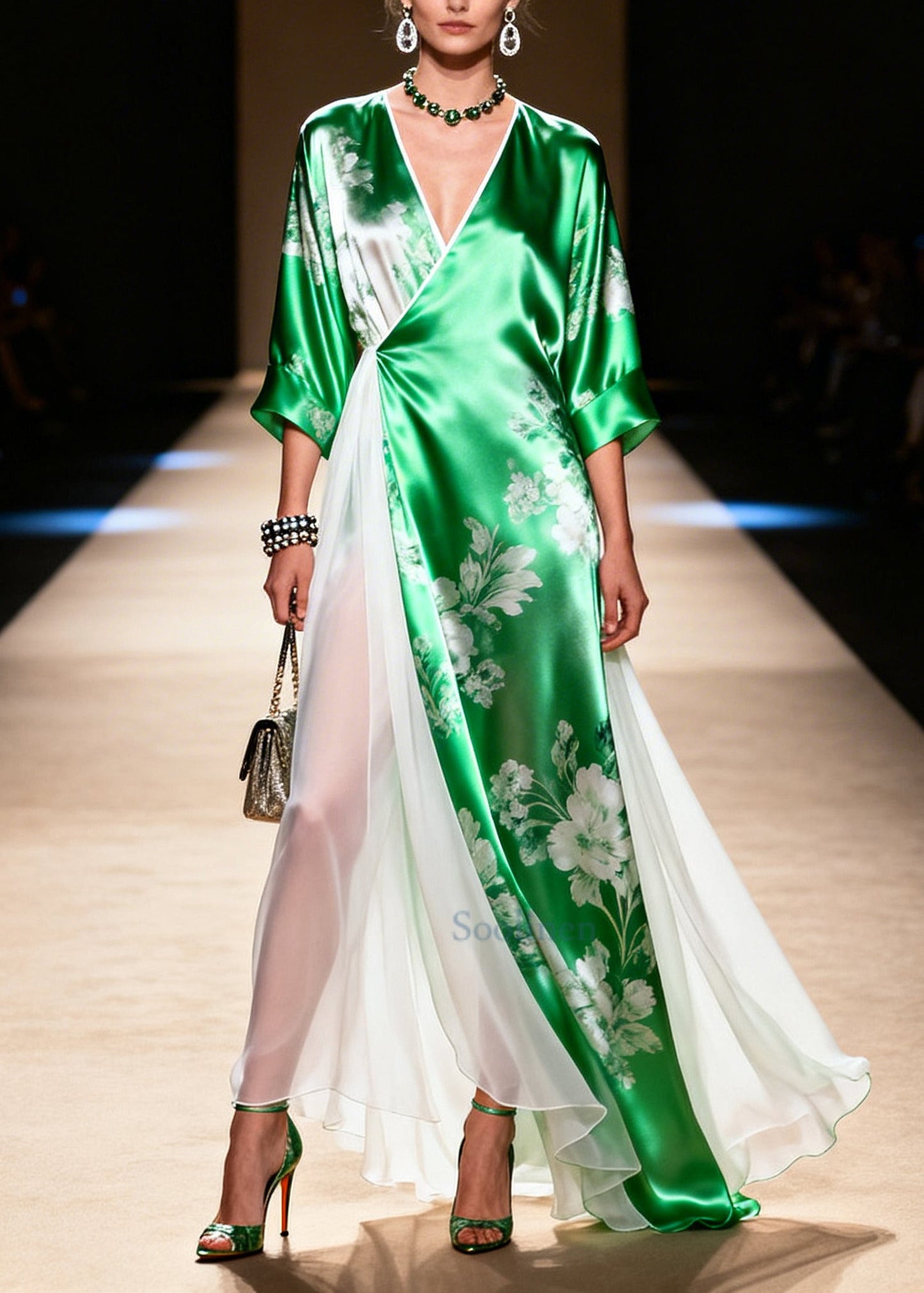 Bohemian Green Patchwork Exra Large Hem Silk Vacation Dresses Summer