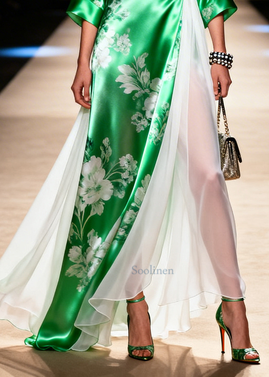 Bohemian Green Patchwork Exra Large Hem Silk Vacation Dresses Summer