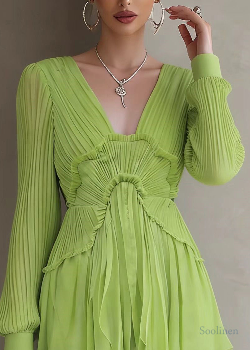 Bohemian Green Patchwork Wrinkled Solid Mid Dresses Lantern Sleeve