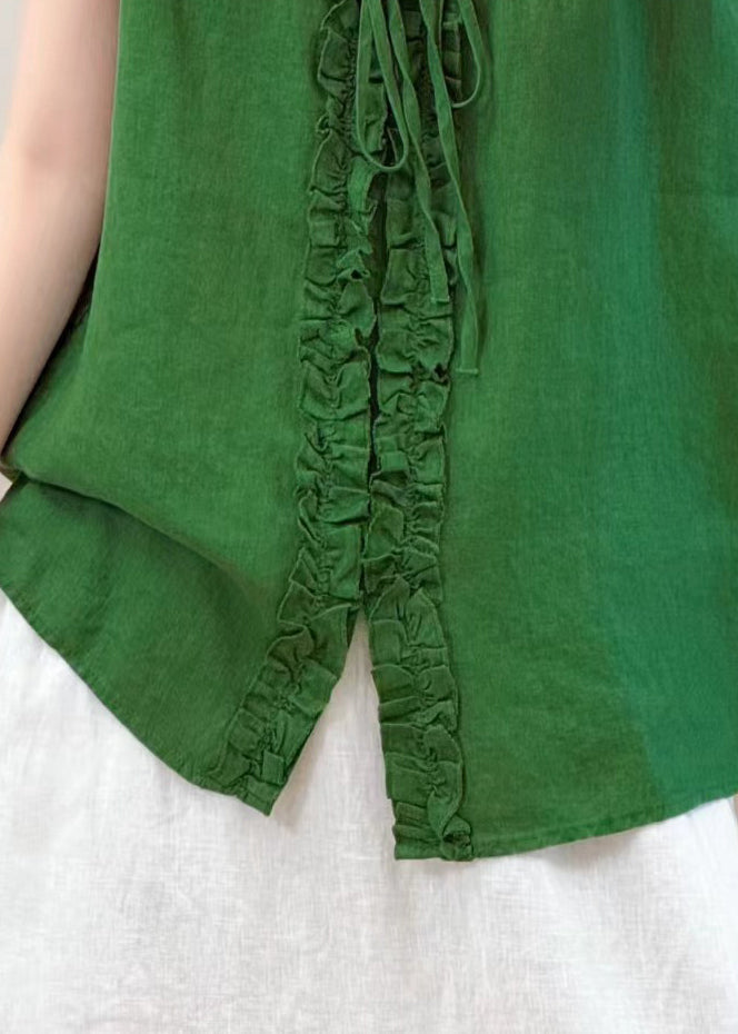 Bohemian Green Ruffled Lace Up Linen Blouse Top Summer