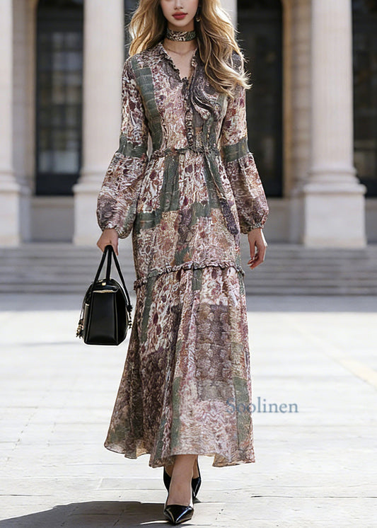 Bohemian Green Ruffled Patchwork Chiffon Vacation Maxi Dresses Spring
