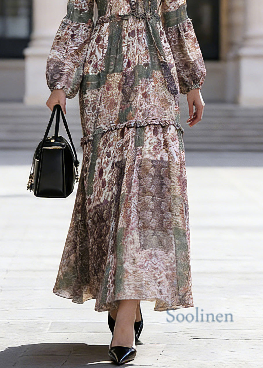 Bohemian Green Ruffled Patchwork Chiffon Vacation Maxi Dresses Spring
