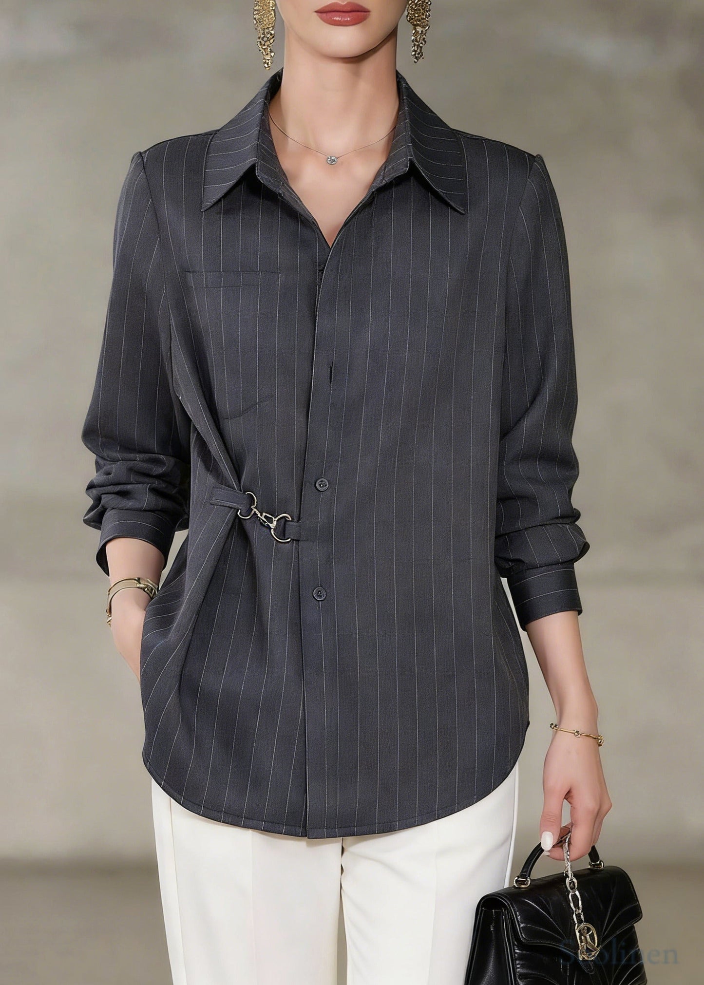 Bohemian Grey Asymmetrical Striped Cotton Shirt Top Spring