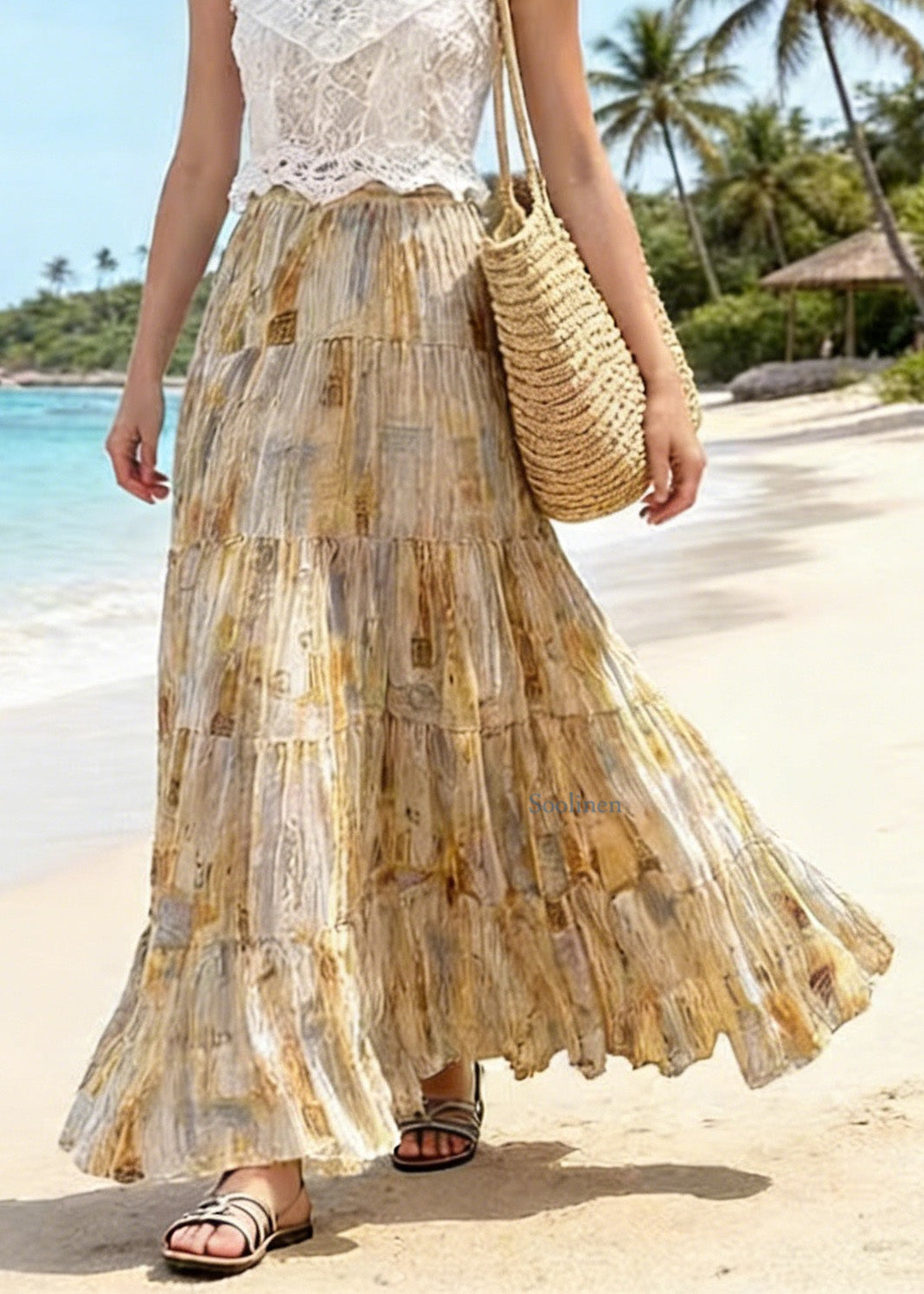 Bohemian Light Yellow Wrinkled Print Patchwork Chiffon Skirts Summer