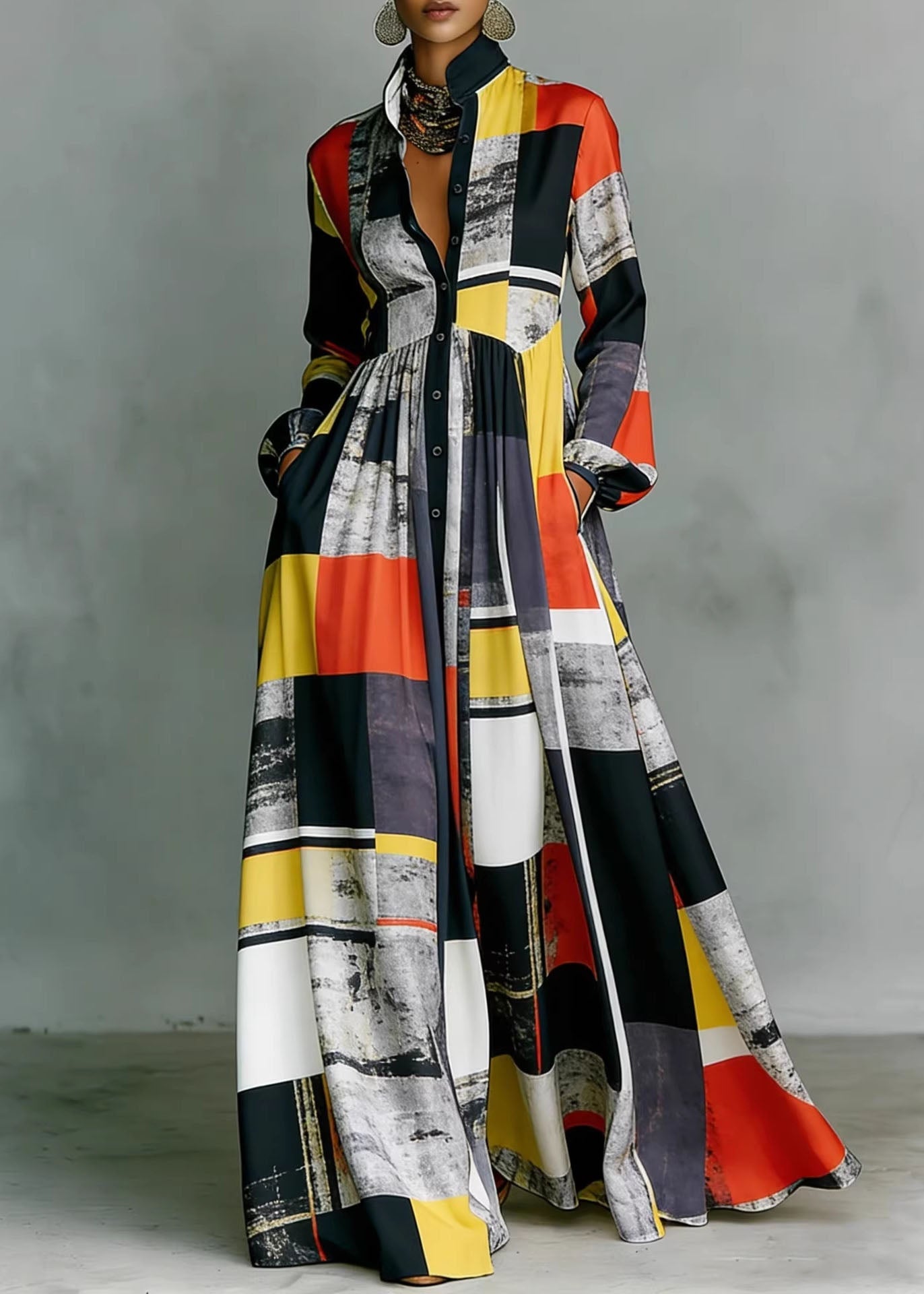White & Black Geometric Cozy Maxi Dress