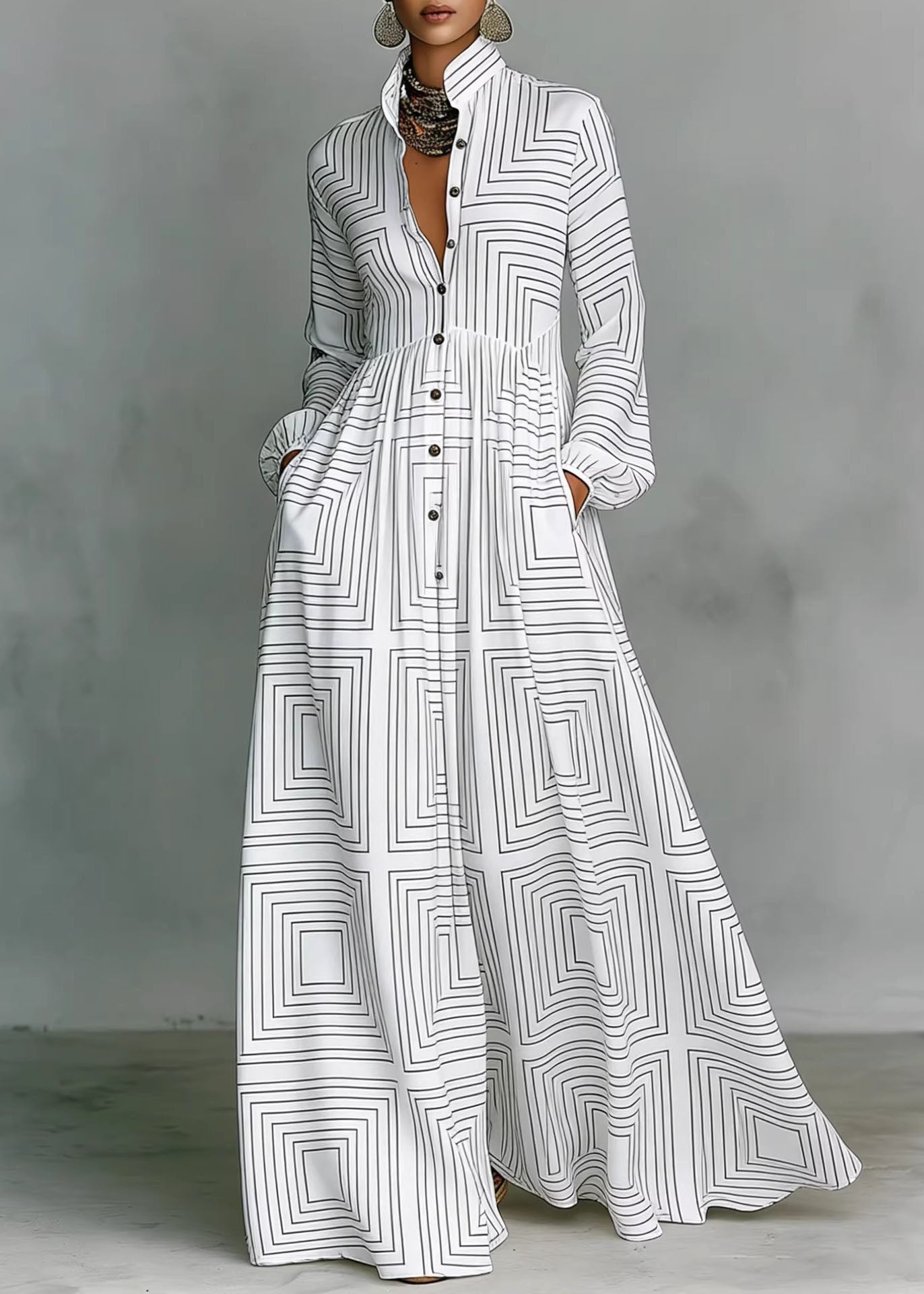 White & Black Geometric Cozy Maxi Dress