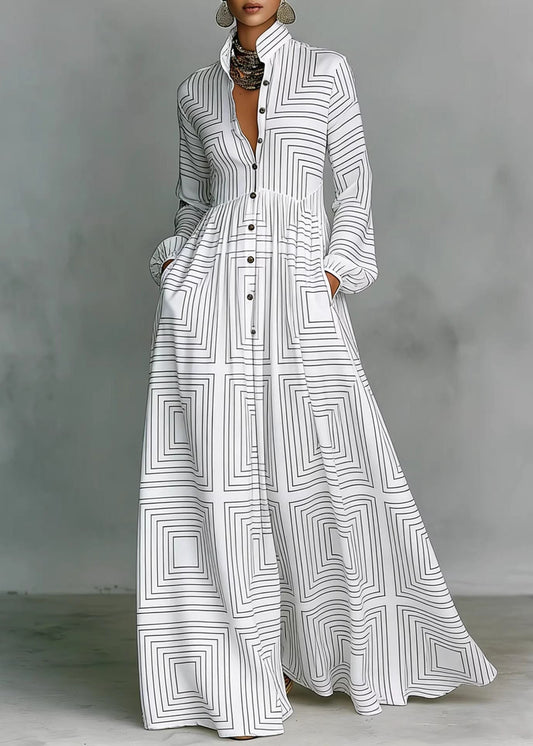 White & Black Geometric Cozy Maxi Dress