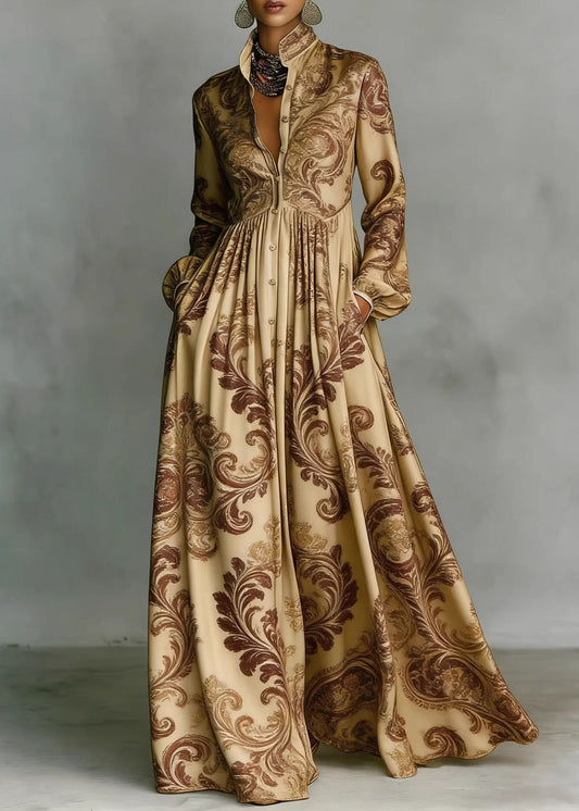 Gold Baroque Maxi Dress Holiday Outfits