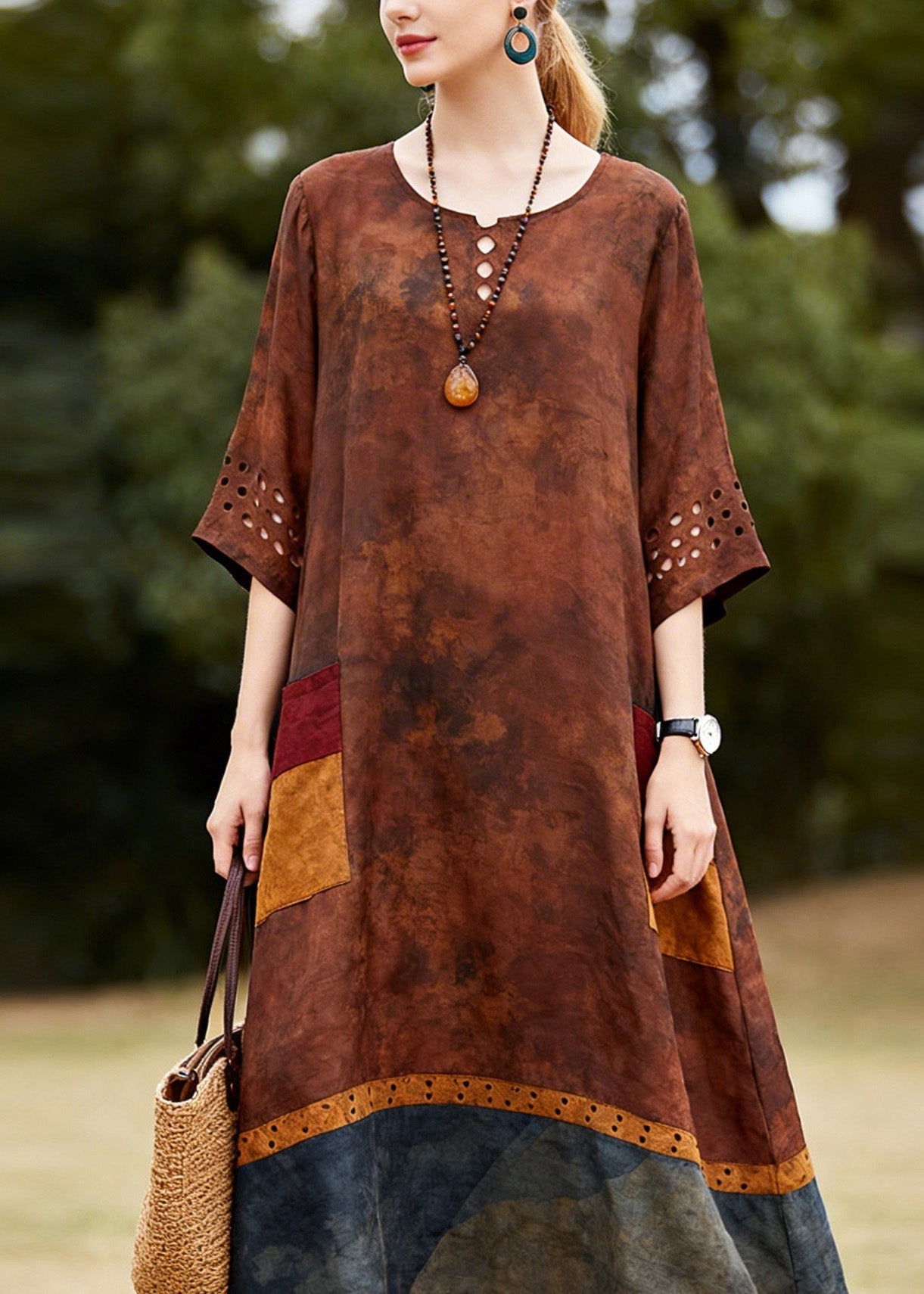 Bohemian O Neck Hollow Out Patchwork Cotton Dresses Summer