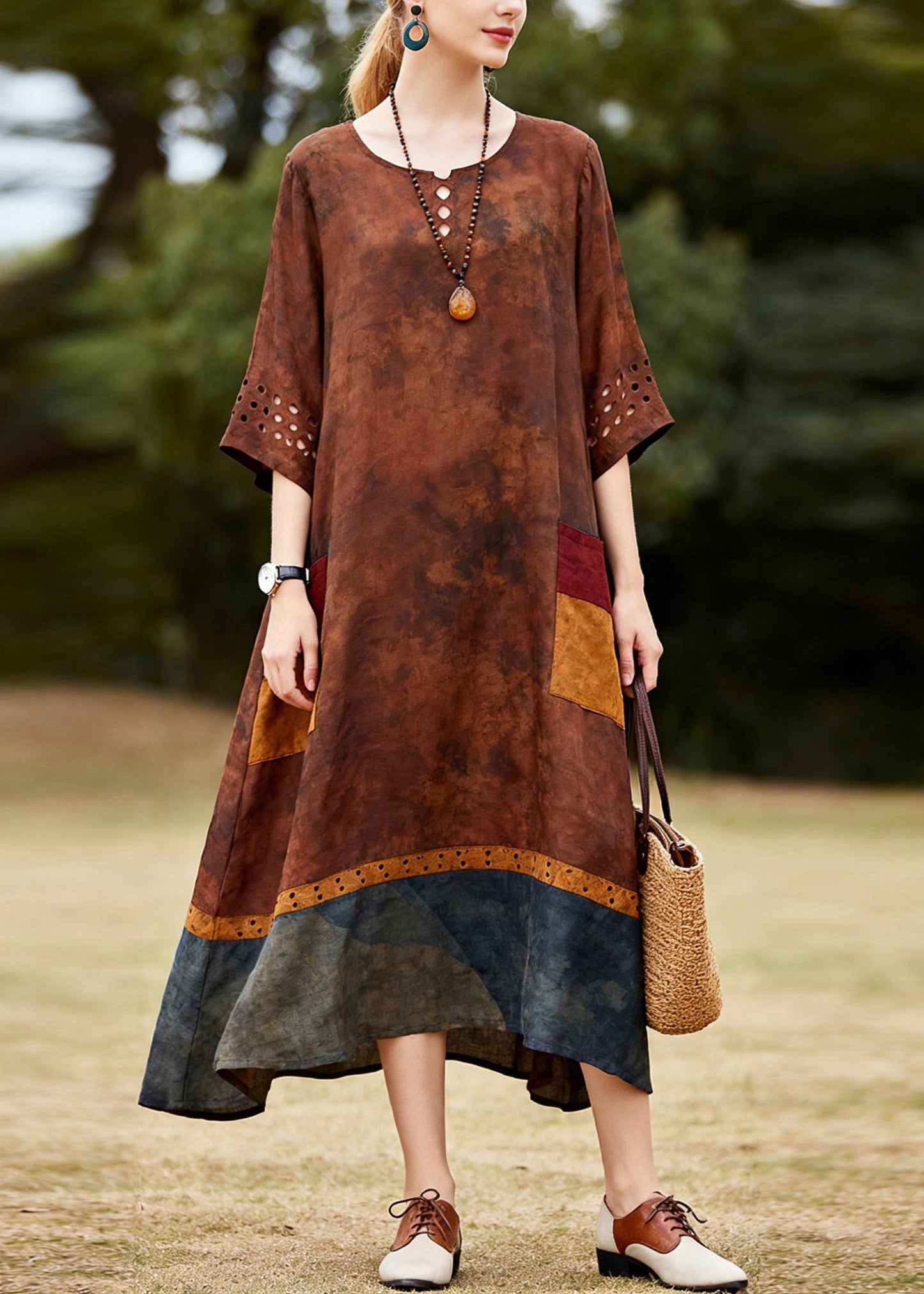 Bohemian O Neck Hollow Out Patchwork Cotton Dresses Summer
