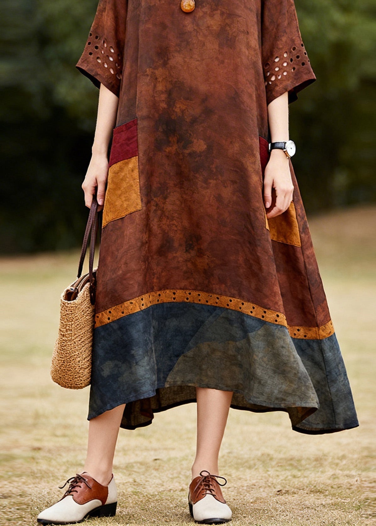 Bohemian O Neck Hollow Out Patchwork Cotton Dresses Summer
