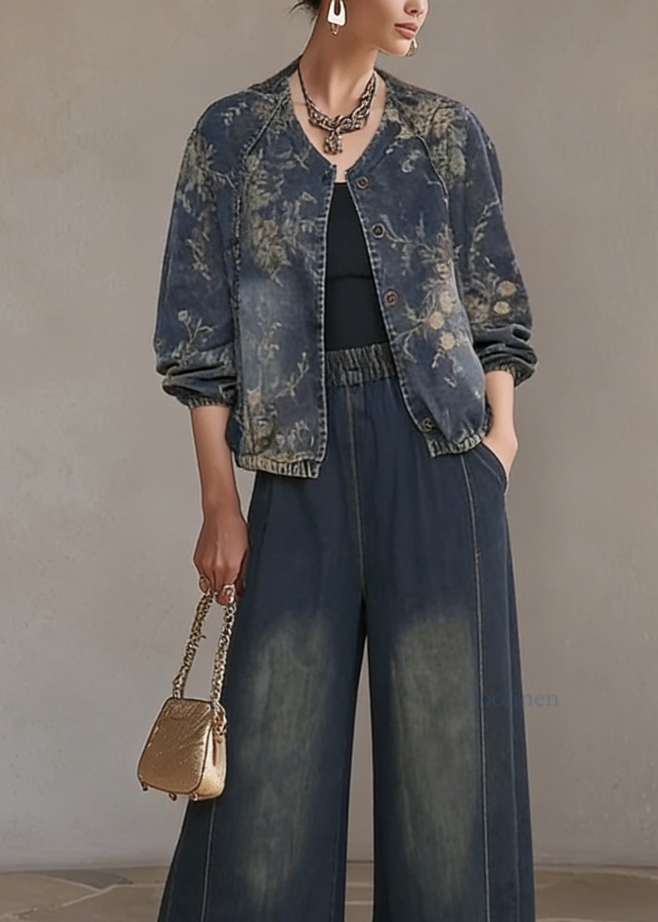 Bohemian O Neck Print Denim Two Piece Set Outfits Spring