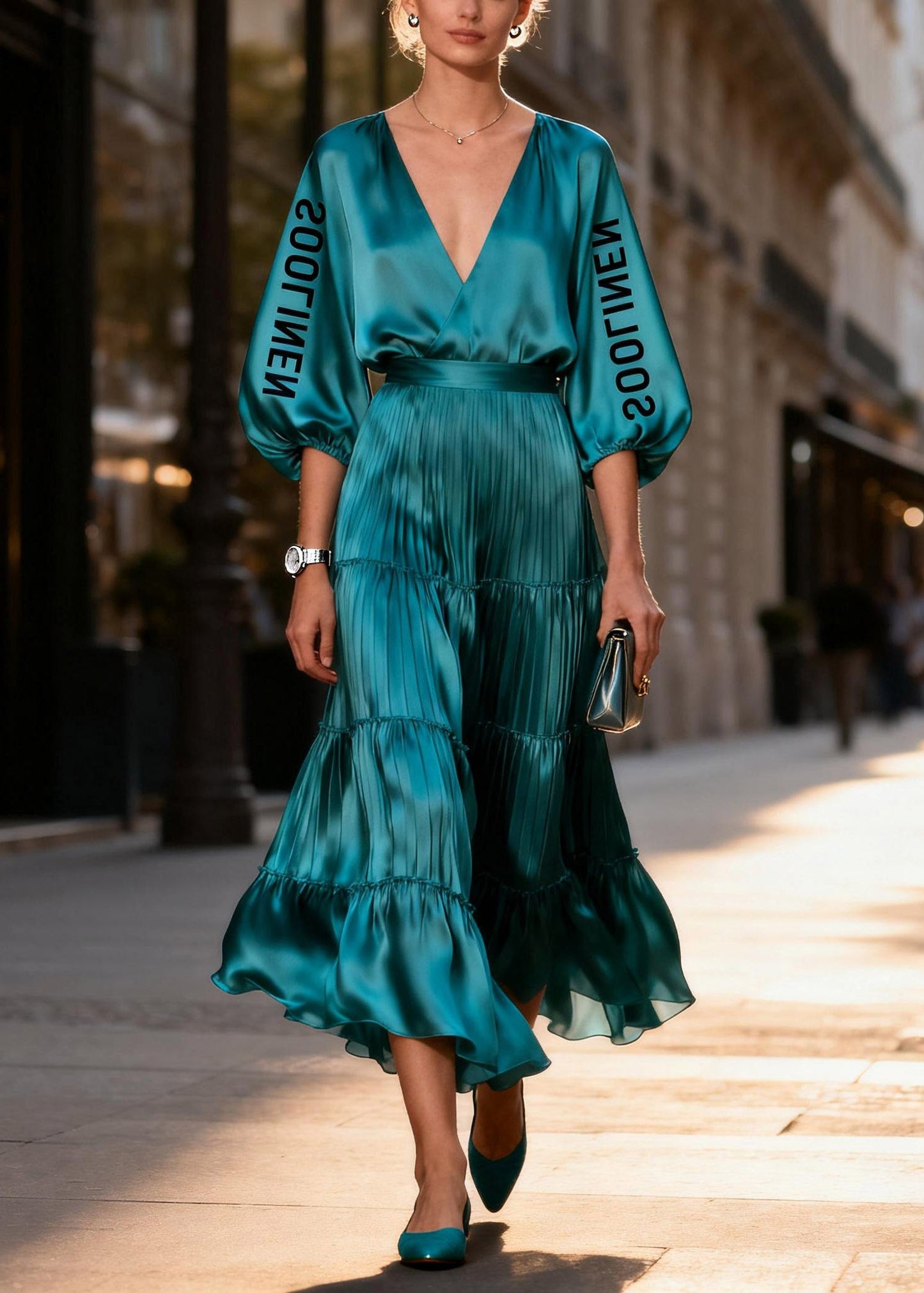 Bohemian Peacock Blue V Neck Silk Long Dress Lantern Sleeve