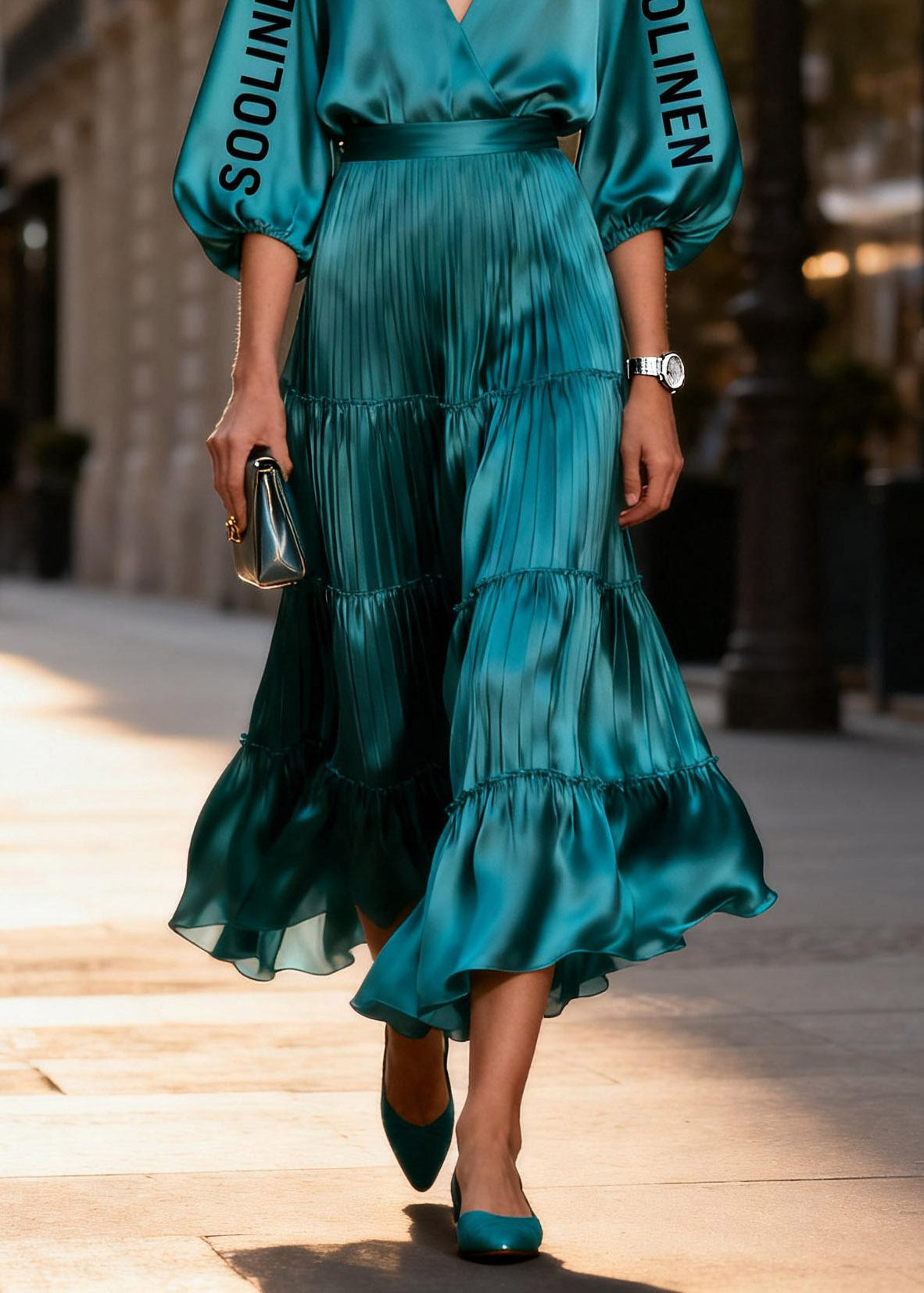Bohemian Peacock Blue V Neck Silk Long Dress Lantern Sleeve