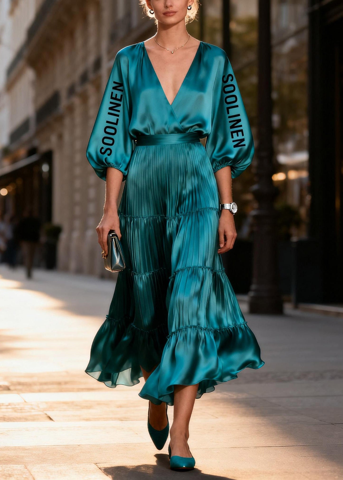 Bohemian Peacock Blue V Neck Silk Long Dress Lantern Sleeve