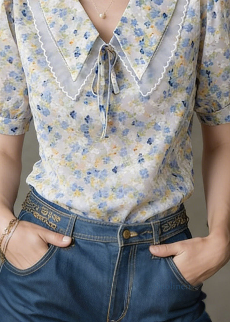 Bohemian Peter Pan Collar Puff Sleeve Print Tops Summer