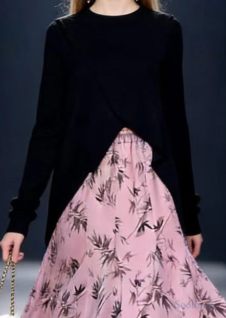 Bohemian Pink Bamboo Leaf Print Exra Large Hem Satin Skirt Spring
