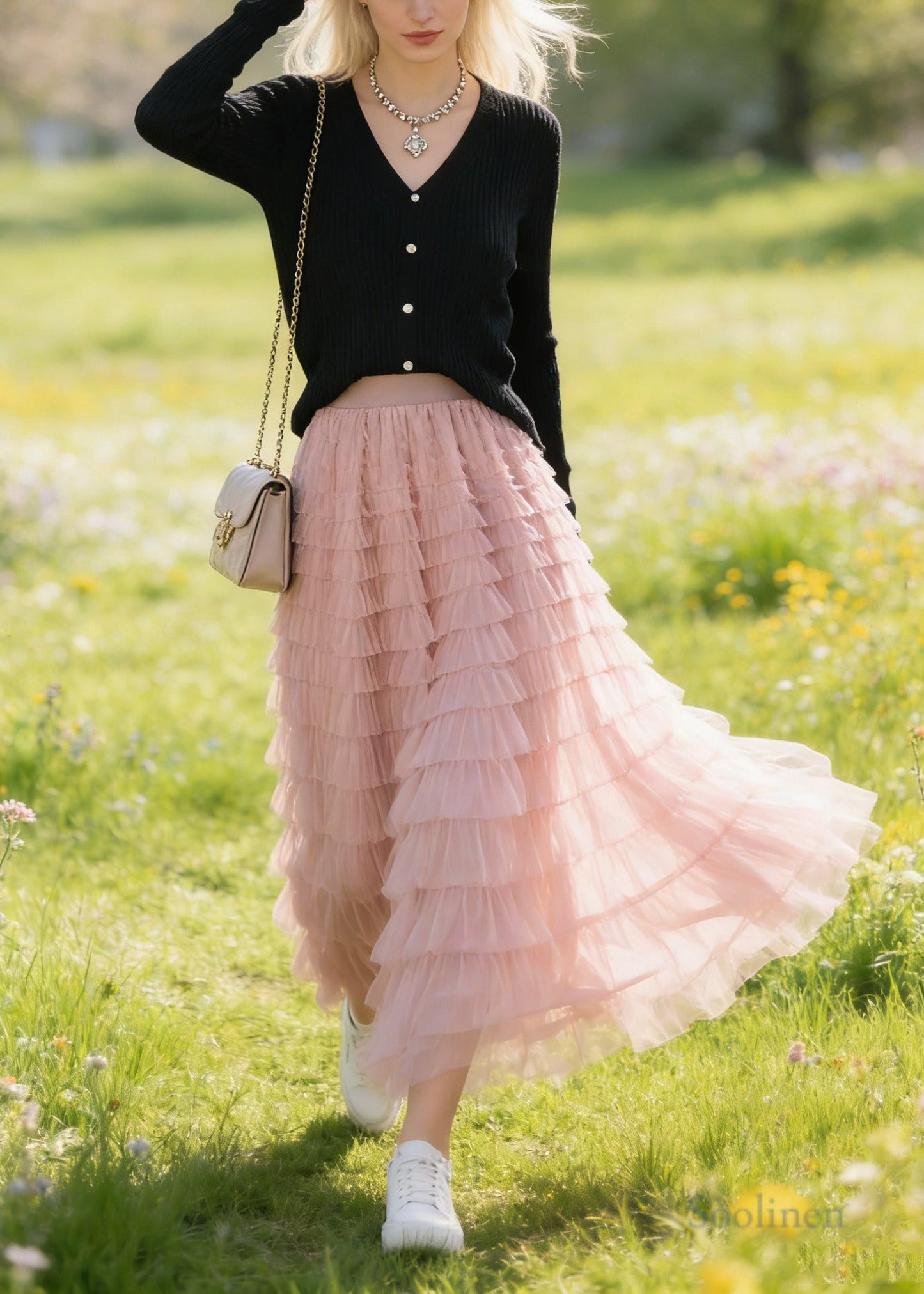 Bohemian Pink Elastic Waist Multi-layer Tulle A Line Skirt Spring