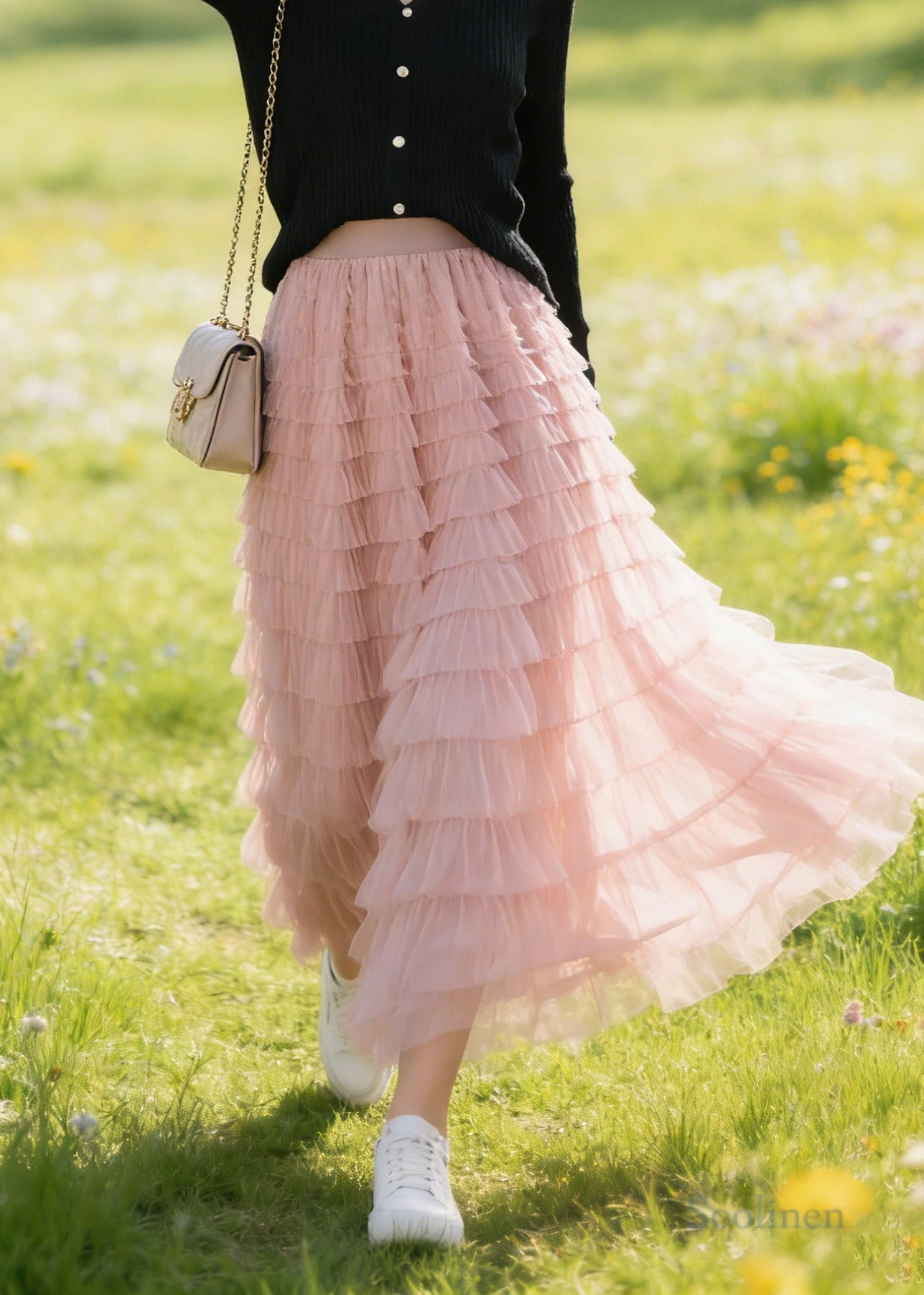 Bohemian Pink Elastic Waist Multi-layer Tulle A Line Skirt Spring