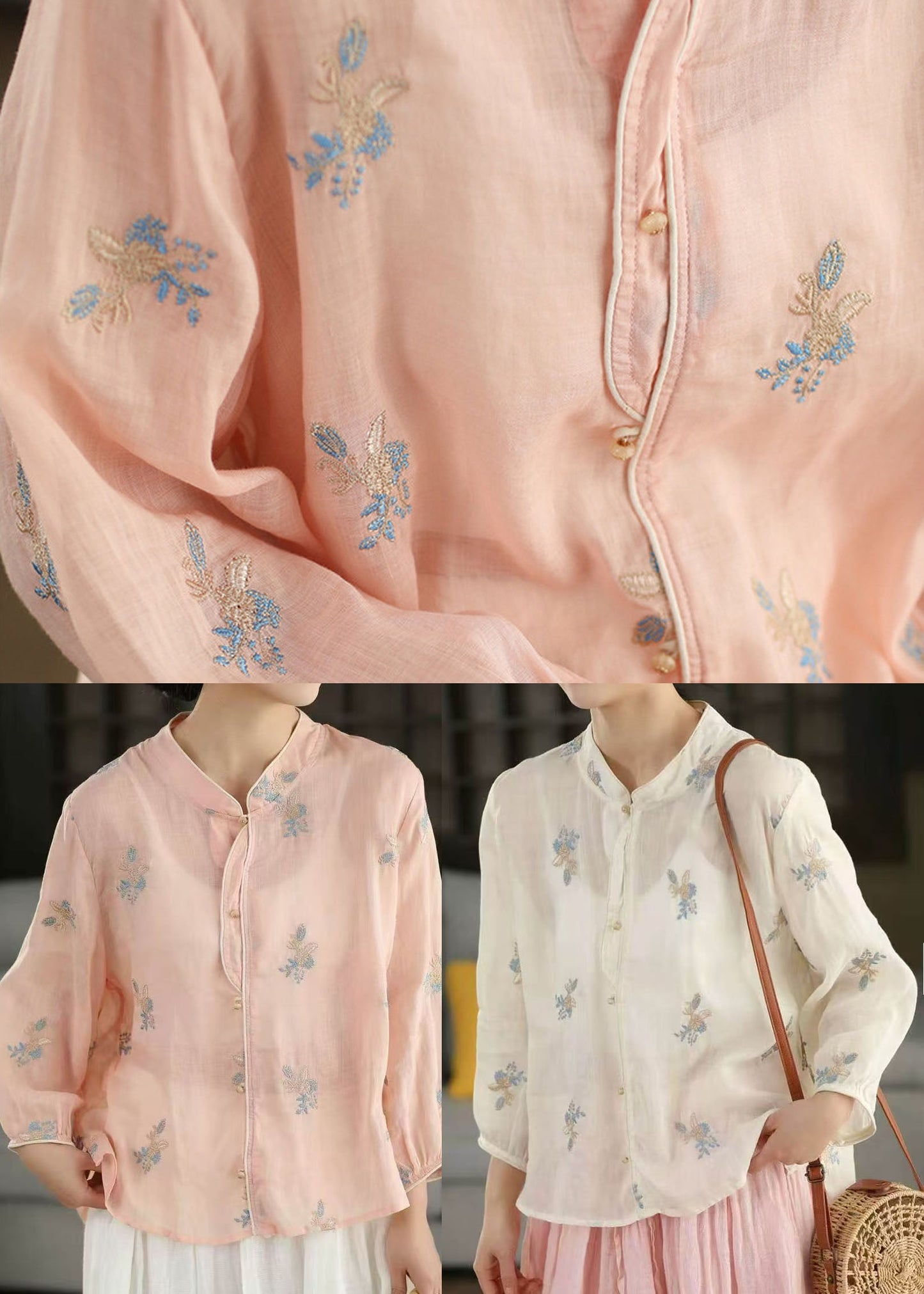 Bohemian Pink Embroidered Oversized Linen Shirt Spring