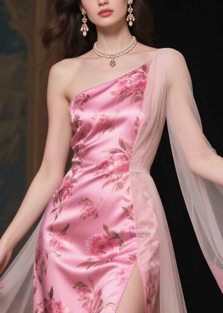 Bohemian Pink One Shoulder Patchwork Print Silk Vestidos Dress Summer