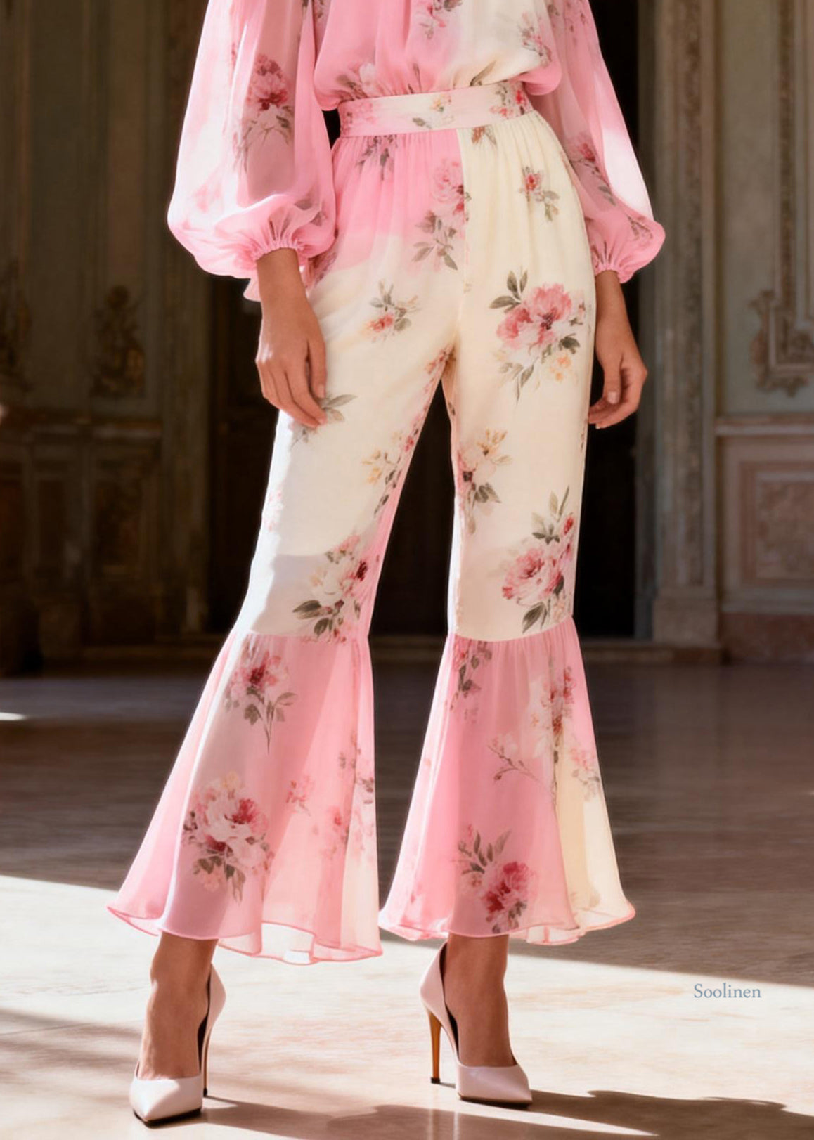 Bohemian Pink Print Cold Shoulder Chiffon Shirts And Flared Trousers Two-Piece Set Spring