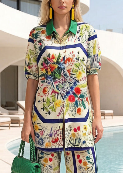 Bohemian Print Side Open Silk Shirt And Straight Pants Two Pieces Set Summer