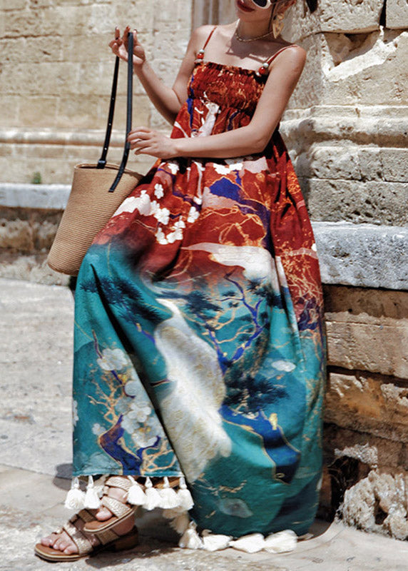 Bohemian Print Wrinkled Long Spaghetti Strap Dress Sleeveless
