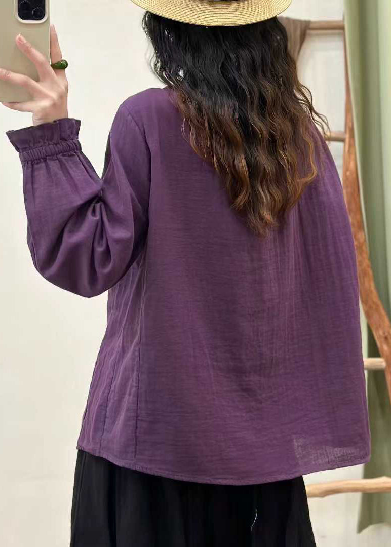 Bohemian Purple Ruffled Cotton Loose Shirts Fall
