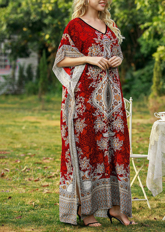Bohemian Red Maxi Dress V Neck Print Summer