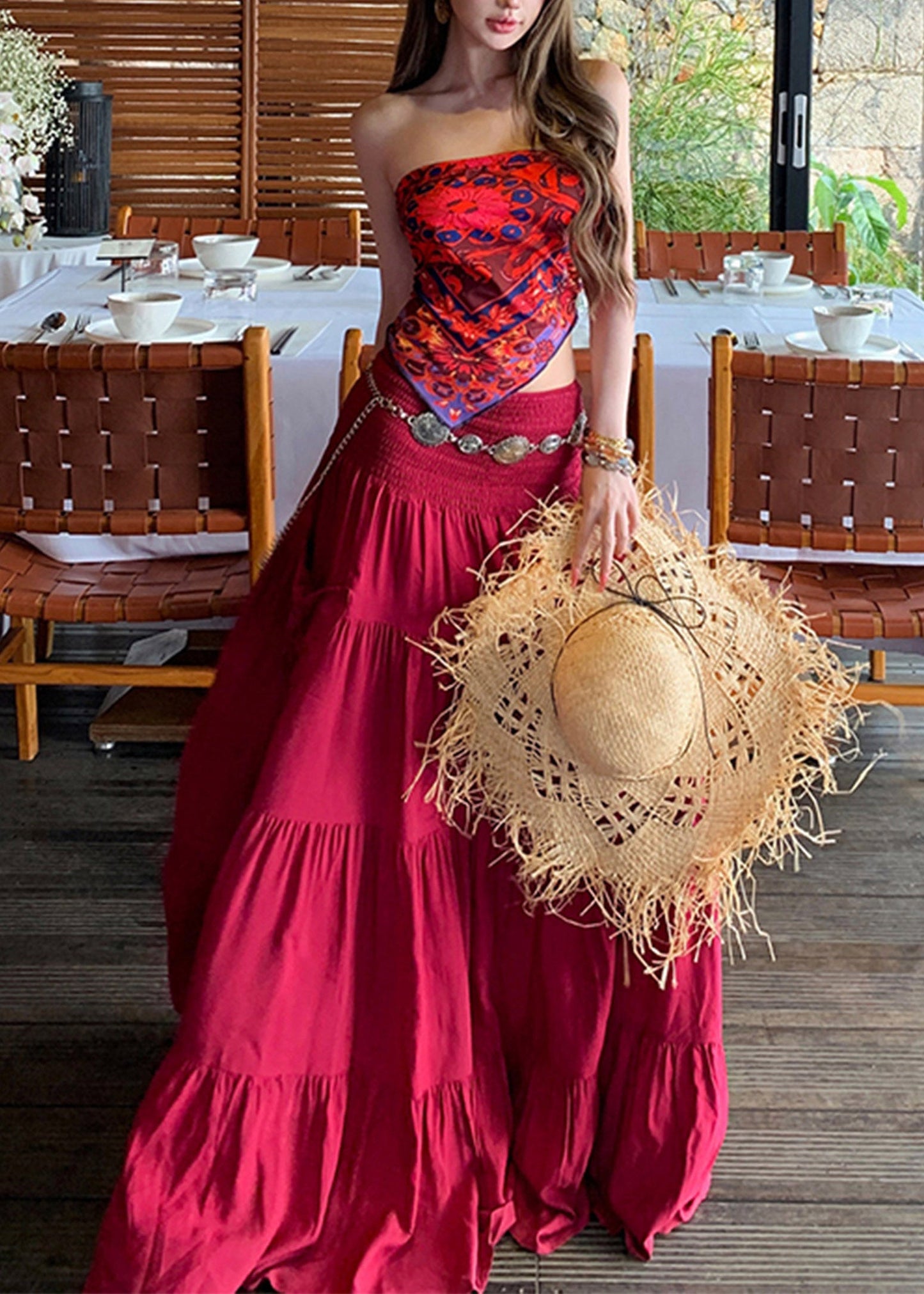 Bohemian Red Print Vest And Maxi Skirts Two Pieces Set Summer