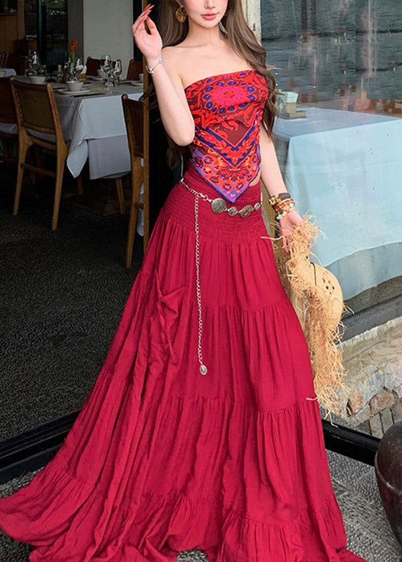 Bohemian Red Print Vest And Maxi Skirts Two Pieces Set Summer